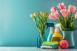 Spring cleaning supplies for housecleaning and hygiene chores to maintain a fresh home environment