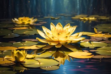 Wall Mural - Yellow botanical water lily, lotus flower in a lake, pond illustration, nature theme concept.