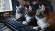 A sleek modern office filled with cats at computer stations, a humorous take on the technology-driven workplace.
