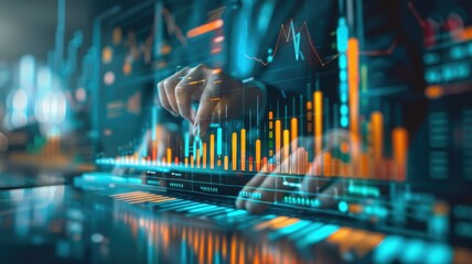 Poster - Futuristic interface with financial data analysis - A highly detailed, digitally enhanced image depicting a future tech financial data analysis interface