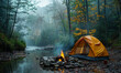 Serene Lakeside Camping Scene with Tent and Crackling Campfire at Dusk