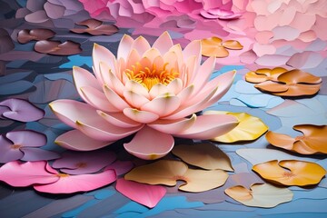 Pink botanical water lily, lotus flower in a lake, pond illustration, nature theme concept.