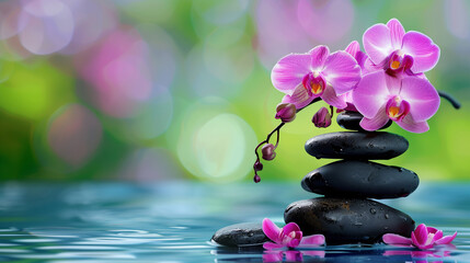 Wall Mural - zen stones in the garden wellness spa spiritual blooming flower background