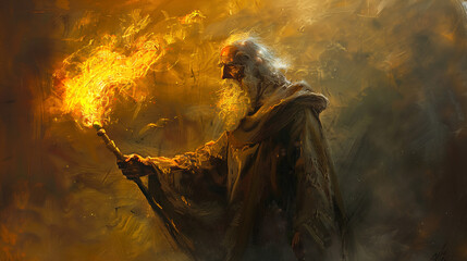 Poster - old wizard fire spellcasting sorcery magic - by generative ai