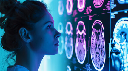 woman looking a brain scan, technology, futuristic