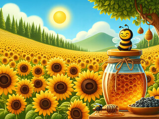 Wall Mural - Whimsical bee with honey in field of flowers