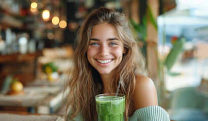 Smiling young woman enjoying a healthy green smoothie at a cafe