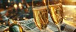 Champagne toast with financial newspaper in background, victory celebration, clear detail