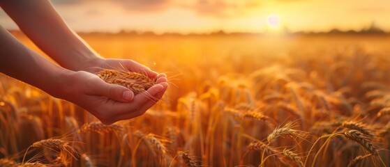 Poster - Golden wheat field. Hands holding ears of golden wheat close up. Beautiful Nature Sunset Landscape. Rural Scenery under Shining Sunlight. Background of ripening ears of wheat field. Rich Harvest