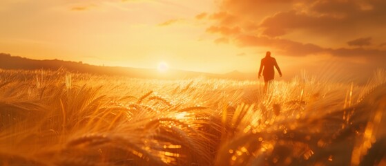 Poster - Touching the harvest during sunset while walking in wheat.