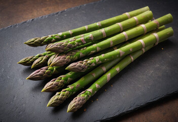 Fresh asparagus on isolated white background , juicy and fresh, top view, Flat lay, no shadows, in editorial photography