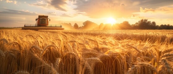 Poster - View from the air of a combine harvester harvesting wheat. The wheat field is beautiful at sunset. The combine harvester is operating on a large wheat field.