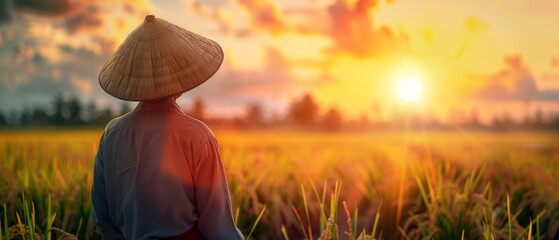 Poster - Asian farmer inspects his own rice field after planting.