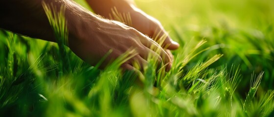 Poster - The farmer touches the green leaves of young wheat in the field to illustrate the concept of natural farming, agriculture, the worker checks the sprouts to represent how the eco-system has been