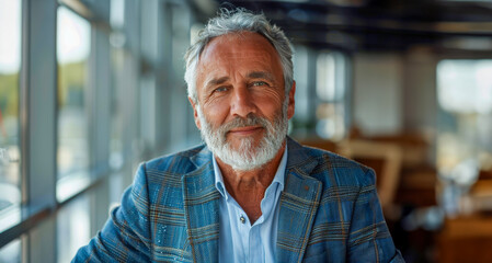 Wall Mural - Confident senior businessman smiling in a modern office setting