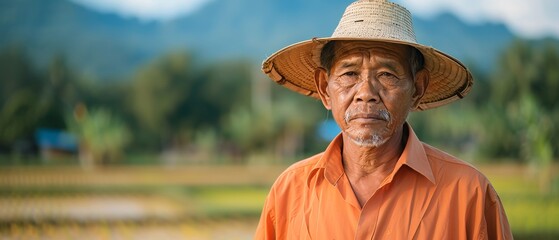 Poster - Portrait of a senior farmer in rural Thailand wearing a shirt and wicker hat standing in a rice field. Senior farmer in the countryside.