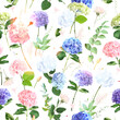 Summer garden greenery print with leaves and flowers. Spring colors hydrangea, hyacinth, tulips, rose and plants. Botanical pattern design. Seamless vector pattern. Simple backdrop on white background