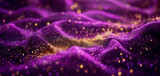 Fototapeta  - Elegant purple satin fabric with sparkling golden glitter under soft lighting