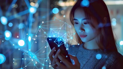 Aufkleber - young woman engrossed in smartphone with glowing connections. contemporary digital lifestyle. connec