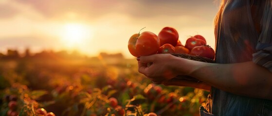 Poster - Agriculture, food, and agriculture at sunset. Farmer holding fresh tomatoes