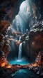 Hyper realistic color epic cinematography of the largest and beautiful cave including waterfall illuminated by a single light
