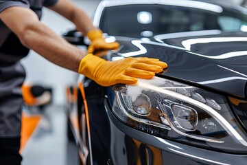 African American car care specialist polishing the windshield,  Person in gloves wiping hood of black car with soap, detailing, cleaning, reflective surface, automotive care.