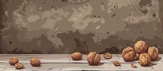 Wall Mural - Numerous walnuts are placed on a tabletop, with a solid wall visible in the background.