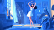 Mulher dançando em seu quarto com cores azul - Ilustração