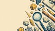 banner background National Geologist Day theme, and wide copy space, A clean line art of various geological tools like hammers, magnifying glasses, and compasses,