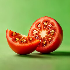 Wall Mural - Half of tomato on green background. Close up. Copy space.