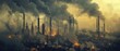 A towering oil refinery on a blighted industrial planet, its smokestacks lit by the intermittent blasts of flame, under a smog-filled sky, 3D illustration