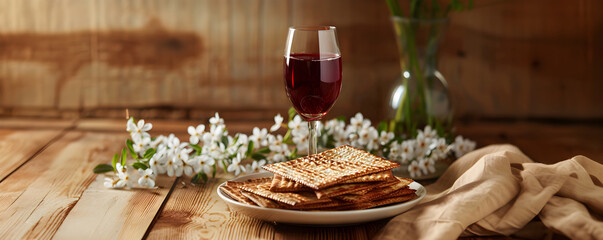 Wall Mural - Matzah and red kosher wine. Passover celebration concept. Jewish Pesach holiday with traditional ritual bread. Background for greeting card or banner with copy space