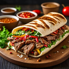 Wall Mural - Tortilla wrap sandwich with beef, lettuce, tomato and sauce on black background