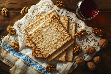 Wall Mural - Matzah, walnuts and red kosher wine. Passover celebration concept. Jewish Pesach holiday with traditional ritual bread. Background for greeting card or banner with copy space