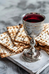 Wall Mural - Matzah and red kosher wine in glass on grey stone background. Passover celebration concept. Jewish Pesach holiday with traditional ritual bread. Template for greeting card or banner with copy space