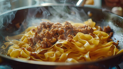 Wall Mural - A plate of spaghetti with meat sauce is cooking in a pan