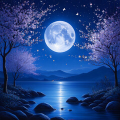 Canvas Print - cherry blossom and full moon in the night sky with stars