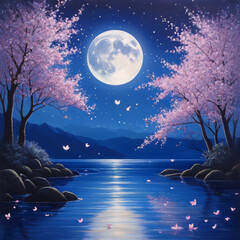 Canvas Print - cherry blossom and full moon in the night sky with stars