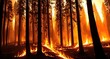A forest on fire with flames and smoke rising from the trees. The sky is orange and the sun is setting.