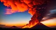 A large volcano erupting with lava and ash spewing from its top. The sky is a bright orange color, indicating a sunset.