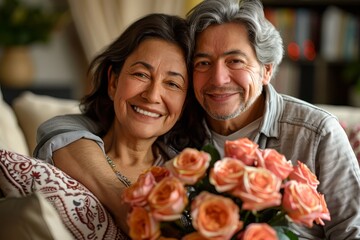 Senior mother and old son. Old mother and son on Mother's Day. Old mother and adult son. Mother's Day roses