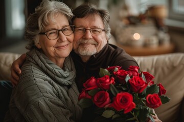 Mother's Day roses. Senior mother and old son. Old mother and son on Mother's Day. Old mother and adult son