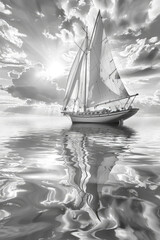 Wall Mural - A black and white sailboat glides gracefully on the open ocean, creating ripples in the water under the clear sky