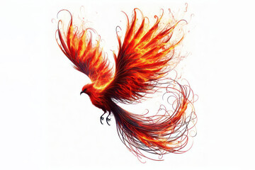 Wall Mural - flying red burning bird phoenix with wire wings rebirth close up on white background