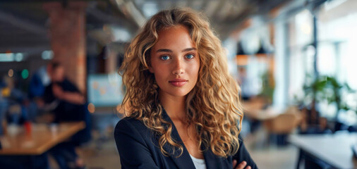 Wall Mural - Casual professional woman smiling in a vibrant cafe setting