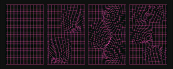 Set of vector retro futuristic distorted acid pink design grids. Perspective grids, polar grid, geometry. Cyberpunk 80s style design elements