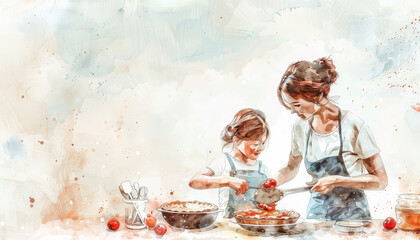 A woman and a little girl are making a pie together