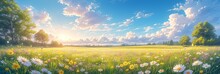Sunset Over Field With Wildflowers, Vibrant Yellow Daisies And Green Grasses Under The Warm Glow Of Setting Sun. A Serene Countryside Scene