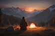 Woman thinking while looking at the sunset while backpacking.
Generative ai.