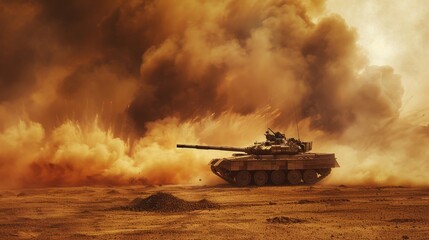 Wall Mural - Armored tank navigating minefield in desert war zone   epic fire scene poster design